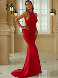 Mermaid / Trumpet Evening Gown Maxi Dress Formal Court Train Sleeveless Halter Polyester with Ruffles