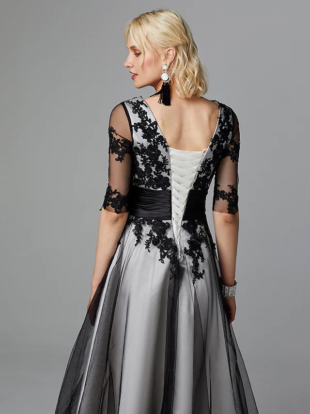 A-Line Vintage Dress Wedding Guest Tea Length Half Sleeve Jewel Neck Lace with Sash / Ribbon Appliques