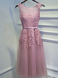A-Line Cute Formal Evening Dress Jewel Neck Sleeveless Short / Mini Lace with Beading Appliques