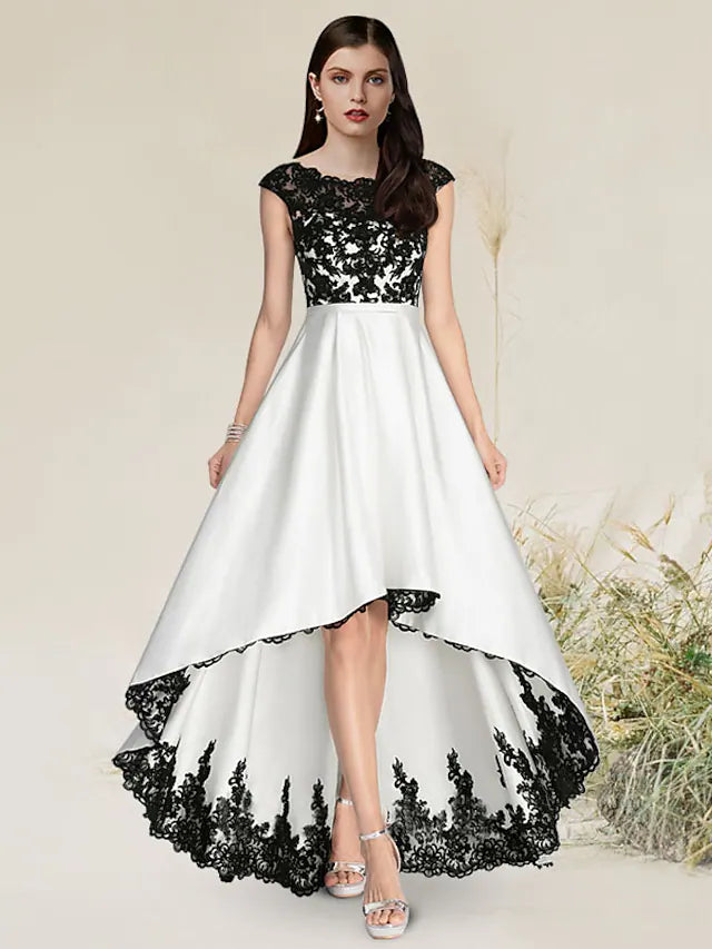 A-Line Elegant Engagement Formal Evening Dress Jewel Neck Sleeveless Asymmetrical Satin with Appliques