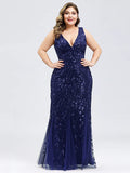 Mermaid / Trumpet Evening Gown Plus Size Dress Wedding Guest Floor Length Sleeveless V Neck Lace V Back with Appliques