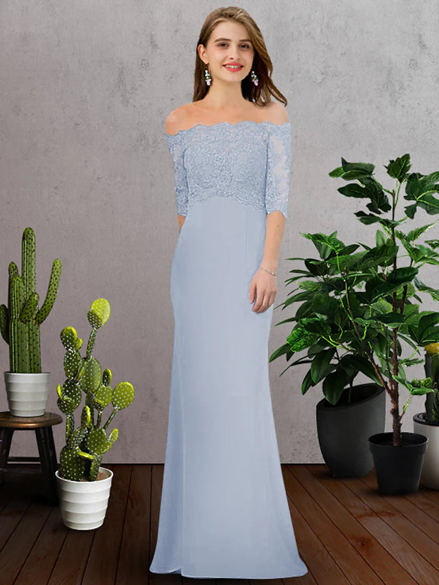 A-Line Bridesmaid Dress Off Shoulder Half Sleeve Elegant Floor Length Chiffon  Lace with Appliques