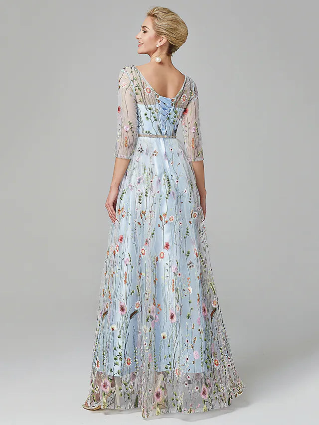 A-Line Evening Gown Elegant Dress Holiday Floor Length 3/4 Length Slee ...