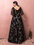 A-Line Plus Size Prom Formal Evening Dress V Neck Half Sleeve Floor Length Lace with Sash / Ribbon Pleats Sequin