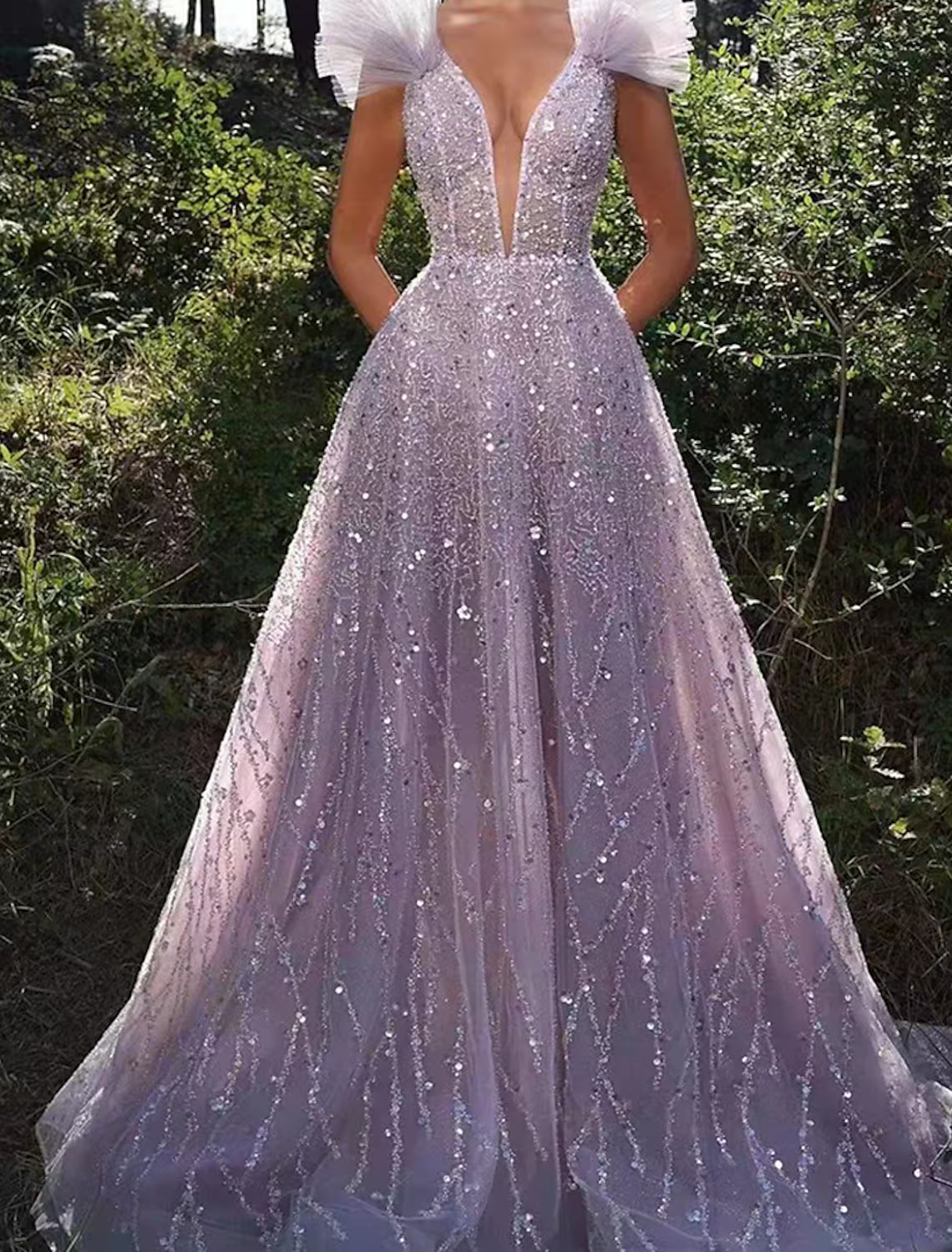 A-Line Prom Dresses Sparkle & Shine Dress Formal Floor Length Sleeveless V Neck Sequined Backless with Sequin