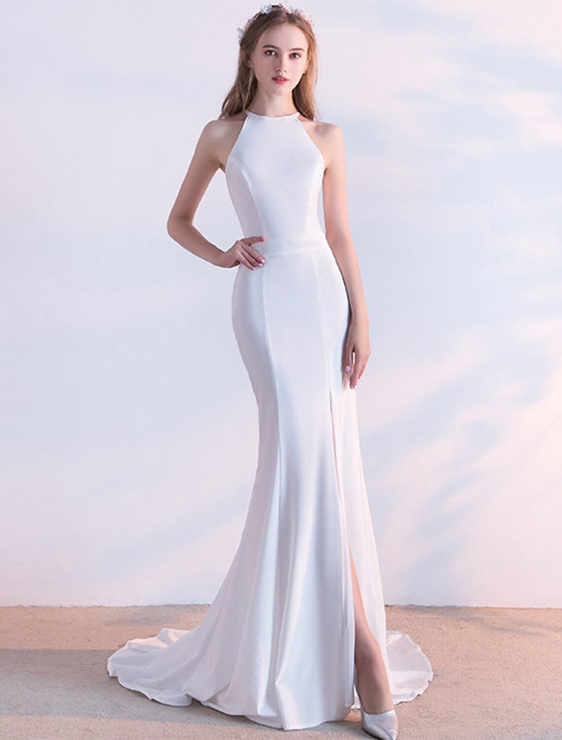 Mermaid / Trumpet Evening Gown Minimalist Dress Prom Sweep / Brush Train Sleeveless Halter Stretch Fabric with Sleek
