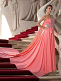 A-Line Elegant Dress Wedding Guest Court Train Sleeveless One Shoulder Chiffon with Crystals Draping