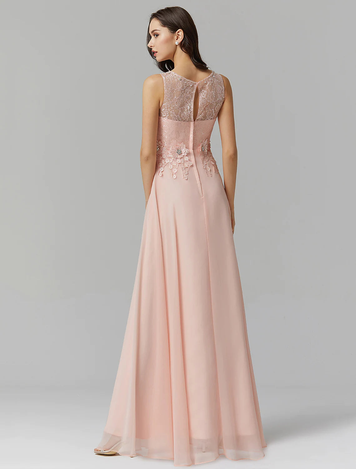 A-Line Empire Dress Wedding Guest Floor Length Sleeveless Illusion Neck Chiffon with Beading Appliques