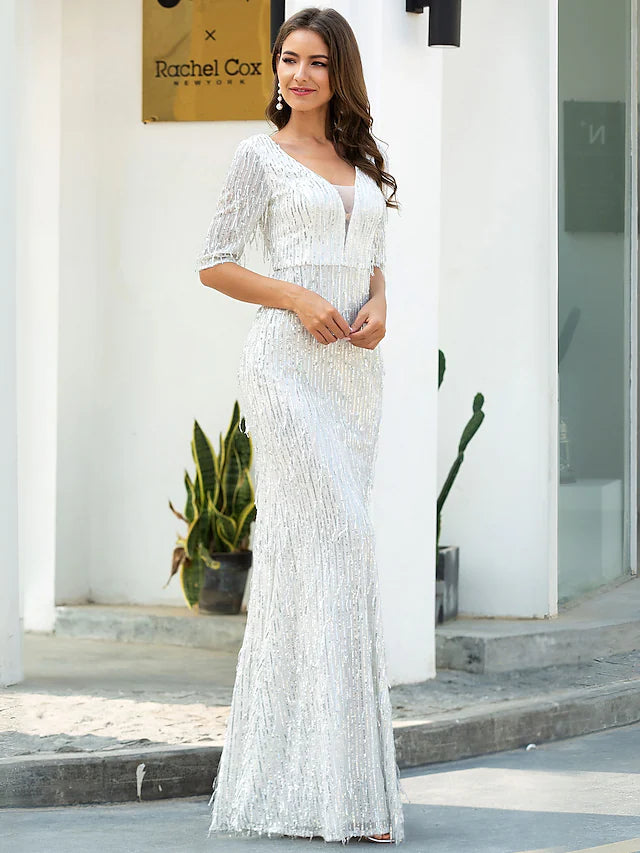 Sheath / Column Evening Gown Glittering Dress Engagement Floor Length Half Sleeve V Neck Polyester with Sequin Tassel