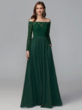 A-Line Bridesmaid Dress Off Shoulder Long Sleeve Elegant Floor Length Chiffon  Lace with Lace