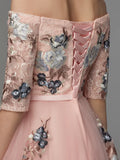 A-Line Prom Dresses Floral Dress Evening Party Asymmetrical Half Sleeve Off Shoulder Satin with Embroidery Appliques