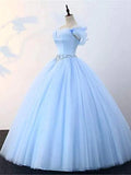 Ball Gown Prom Dresses Princess Dress Graduation Floor Length Sleeveless Off Shoulder Tulle with Pearls Beading Butterfly