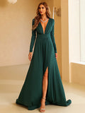 A-Line Evening Gown Vintage Dress Engagement Sweep / Brush Train Long Sleeve V Neck Polyester with Slit Pure Color