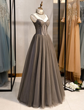 A-Line Prom Dresses Sexy Dress Formal Floor Length Sleeveless Spaghetti Strap Tulle with Pleats Crystals