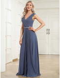 A-Line Wedding Guest Dresses Minimalist Dress Formal Floor Length Sleeveless V Neck Chiffon with Pleats Pure Color