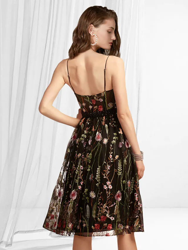 A-Line Cocktail Dresses Boho Dress Homecoming Knee Length Sleeveless V Neck Lace with Pattern / Print