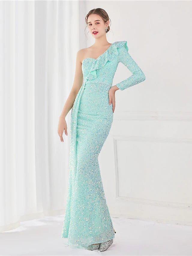 Mermaid / Trumpet Evening Gown Elegant Dress Wedding Guest Floor Length Long Sleeve One Shoulder Sequined V Back with Sequin Slit