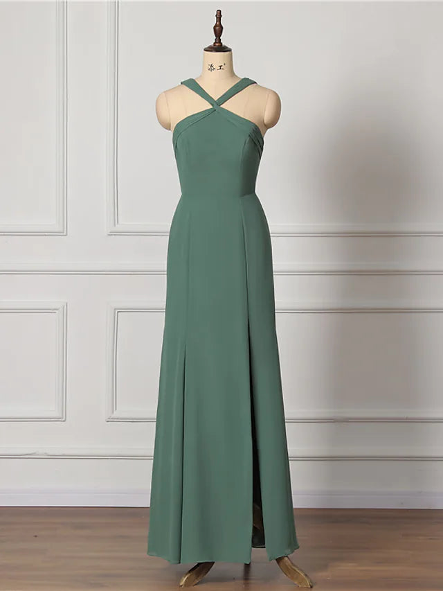 A-Line Bridesmaid Dress Cross Front Sleeveless Sexy Floor Length Chiffon with Draping