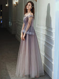 A-Line Minimalist Elegant Party Wear Prom Dress Off Shoulder Long Sleeve Floor Length Tulle with Appliques