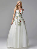 A-Line Special Occasion Dresses White Dress Homecoming Floor Length Sleeveless V Neck Lace with Embroidery Appliques