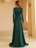A-Line Evening Gown Vintage Dress Engagement Sweep / Brush Train Long Sleeve V Neck Polyester with Slit Pure Color