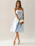A-Line Bridesmaid Dress Strapless Sleeveless Elegant Knee Length Satin with Sash / Ribbon / Bow(s)