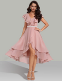 A-Line Wedding Guest Dresses Tiered Dress Cocktail Party Tea Length Short Sleeve V Neck Belt / Sash Chiffon with Beading