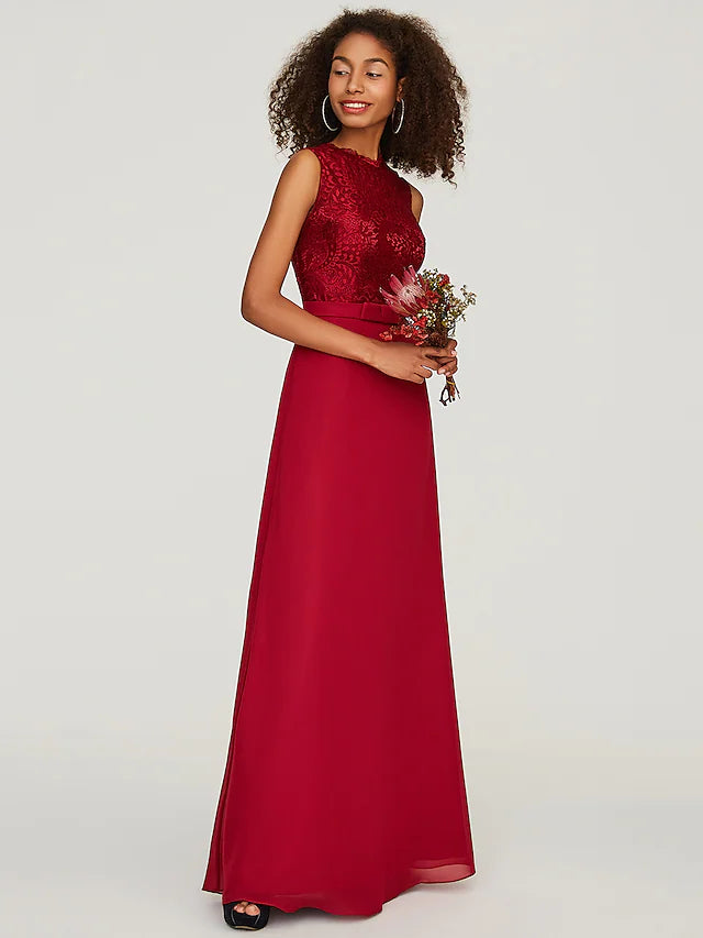 A-Line Bridesmaid Dress Jewel Neck Sleeveless Floor Length Chiffon  Lace with Sash  Ribbon  Bow(s)
