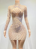 Sheath / Column Evening Gown Luxurious Dress Formal Short / Mini Long Sleeve High Neck Cotton Blend with Crystals