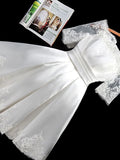A-Line Bridesmaid Dress Off Shoulder Short Sleeve Elegant Short  Mini Satin with Lace