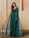 A-Line Evening Gown Empire Dress Prom Floor Length Long Sleeve V Neck Chiffon with Sleek Pleats