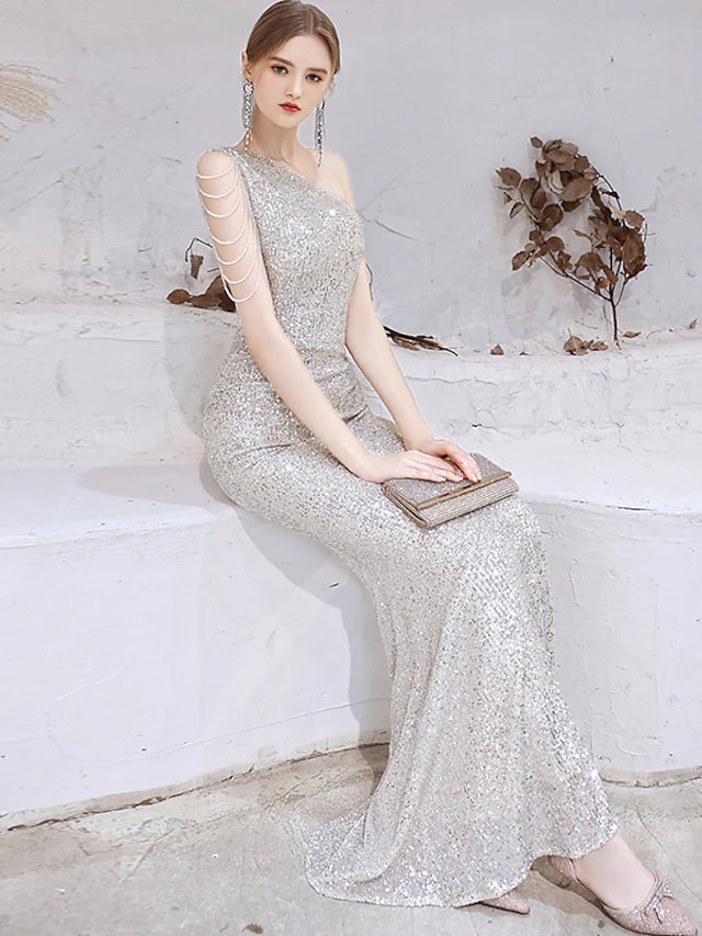 Mermaid / Trumpet Evening Gown Sparkle Dress Wedding Guest Floor Length Sleeveless One Shoulder Sequined with Beading Sequin