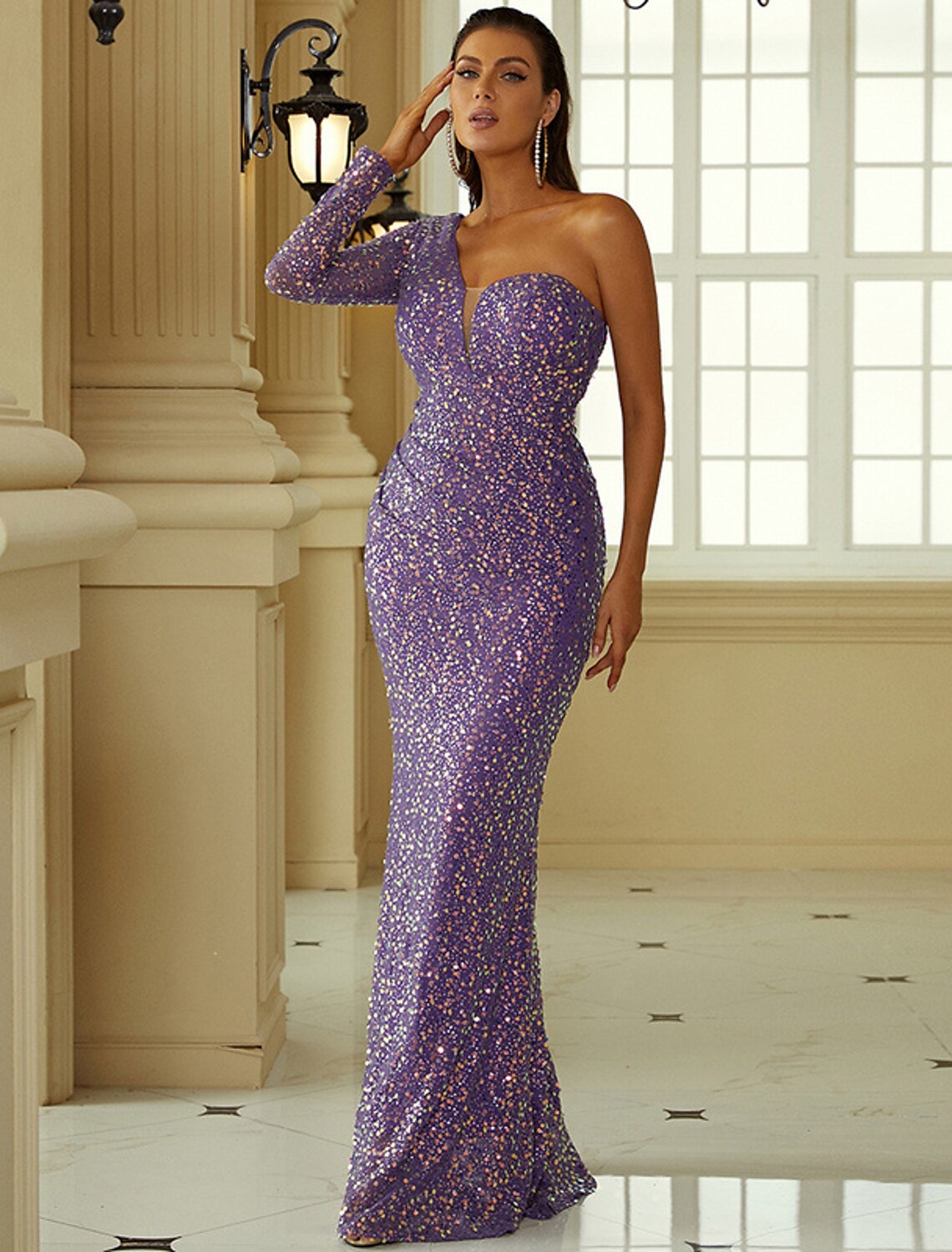 Mermaid / Trumpet Evening Gown Sexy Dress Formal Floor Length Long Sleeve One Shoulder Polyester with Sequin
