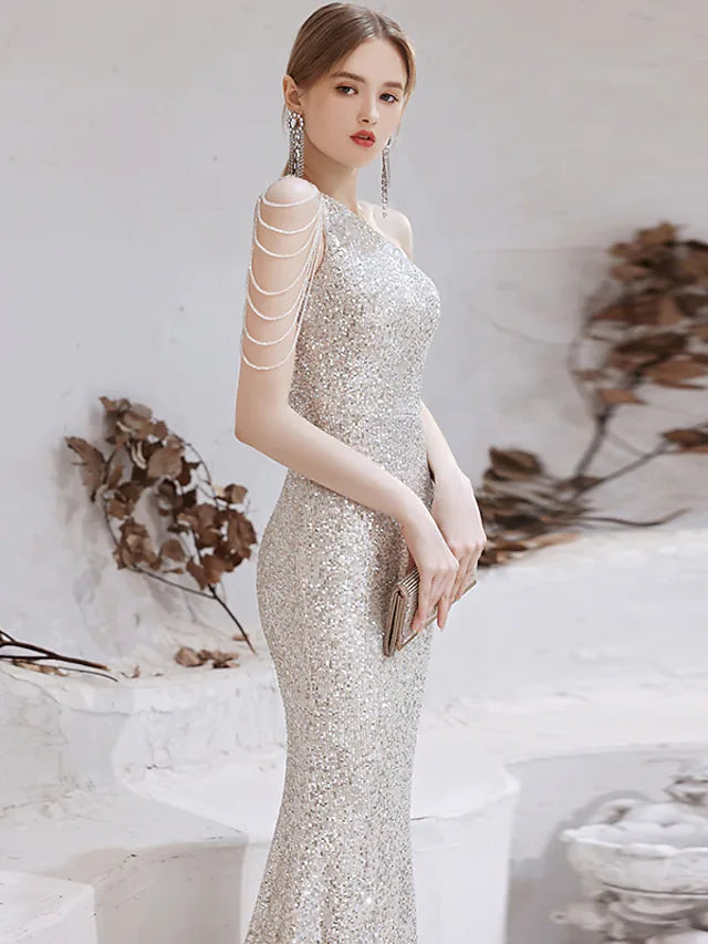 Mermaid / Trumpet Evening Gown Sparkle Dress Wedding Guest Floor Length Sleeveless One Shoulder Sequined with Beading Sequin