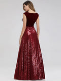 A-Line Prom Dresses Elegant Dress Prom Floor Length Sleeveless Plunging Neck Sequined with Sash / Ribbon Beading