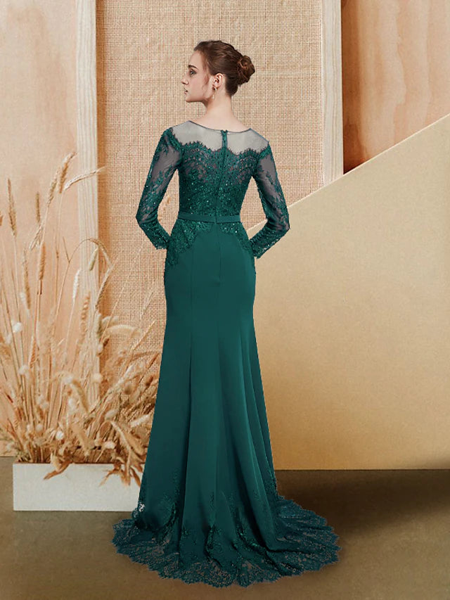 Mermaid / Trumpet Evening Gown Luxurious Dress Wedding Guest Sweep / Brush Train Long Sleeve Jewel Neck Chiffon with Bow(s) Sequin Appliques