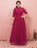 A-Line Chinese Style Plus Size Engagement Formal Evening Dress High Neck Half Sleeve Floor Length Lace with Buttons
