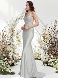 Mermaid / Trumpet Evening Gown Empire Dress Wedding Guest Sweep / Brush Train Sleeveless V Neck Chiffon with Appliques