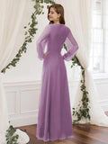 A-Line Bridesmaid Dress V Neck Long Sleeve Elegant Floor Length Chiffon with Pleats