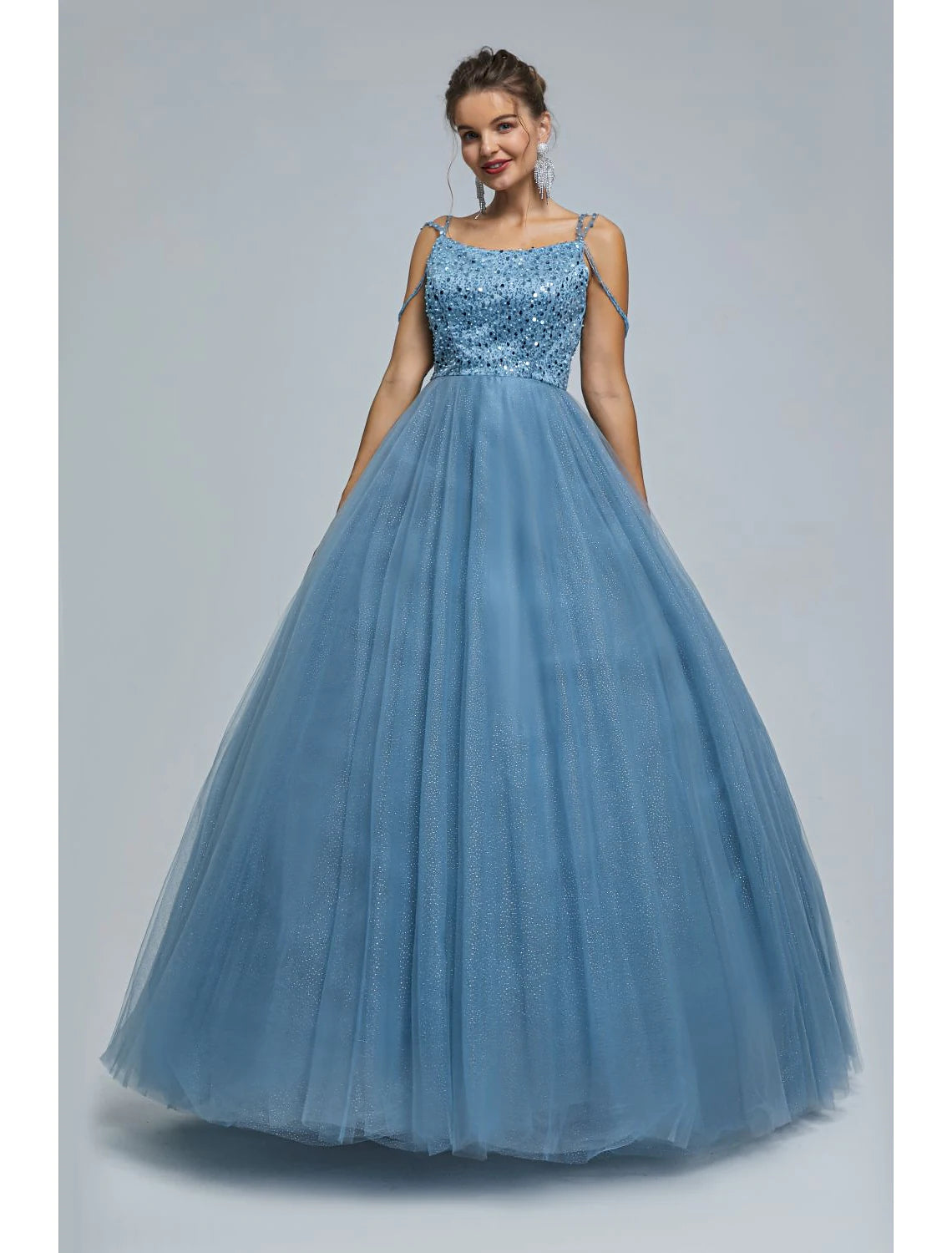 Ball Gown Prom Dresses Sparkle & Shine Dress Graduation Floor Length Sleeveless Spaghetti Strap Tulle with Pearls Sequin