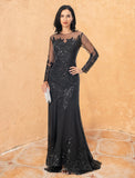 Mermaid / Trumpet Evening Gown Elegant Dress Formal Sweep / Brush Train Long Sleeve Jewel Neck Lace with Beading Embroidery