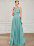 A-Line Prom Dresses Elegant Dress Wedding Guest Floor Length Sleeveless Jewel Neck Tulle with Sequin Pure Color