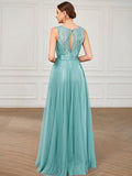 A-Line Prom Dresses Elegant Dress Wedding Guest Floor Length Sleeveless Jewel Neck Tulle with Sequin Pure Color