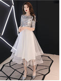 A-Line Sparkle White Cocktail Party Prom Dress Jewel Neck Half Sleeve Tea Length Satin with Sequin Tier