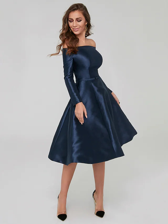 A-Line Special Occasion Dresses Party Dress Wedding Guest Knee Length Long Sleeve Off Shoulder Satin with Pleats