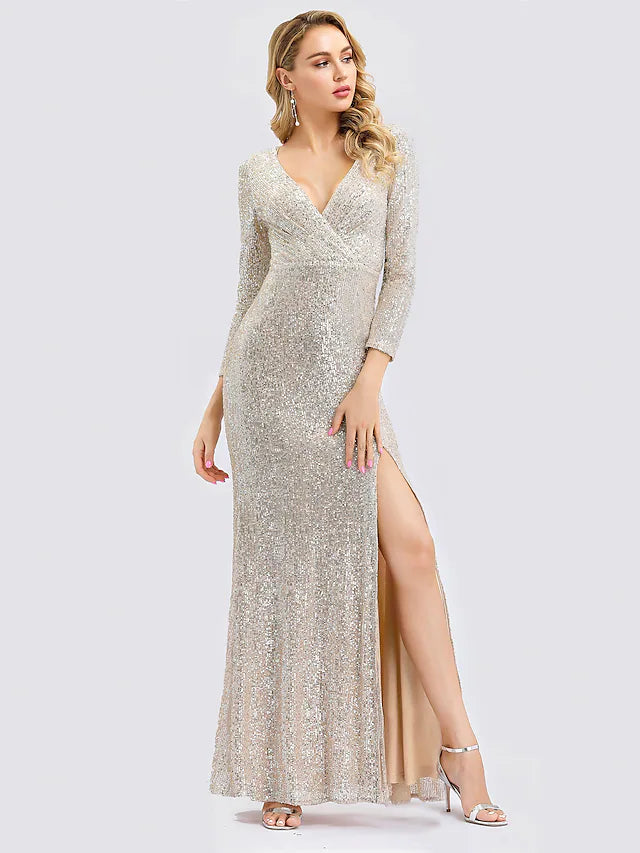 Sheath / Column Sexy Furcal Formal Evening Dress Plunging Neck Long Sleeve Floor Length Sequined with Sequin Split Front