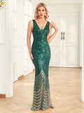 Mermaid / Trumpet Evening Gown Sparkle Dress Prom Floor Length Sleeveless V Neck Sequined with Sequin