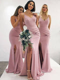 Stretch Crepe Ruched V-neck Sleeveless  Bridesmaid Dresses