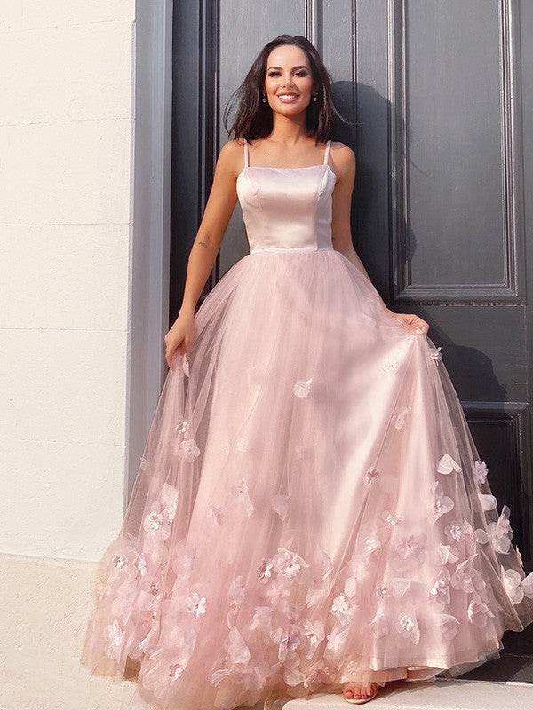 A-Line Princess Tulle Hand-Made Flower Straps Floor-Length Sleeveless Prom Dresses