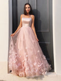 A-Line Princess Tulle Hand-Made Flower Straps Floor-Length Sleeveless Prom Dresses